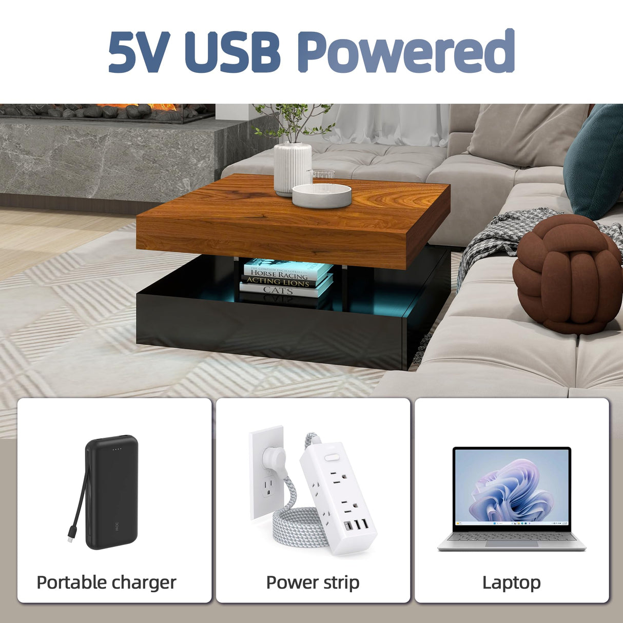 LED Coffee Table for Living Room, 2-Tier Modern Square Center Table with Music Sync Lights, High Gloss Surface, 30 3/4" x 30 3/4" (Rustic Brown+Black) Yeewe