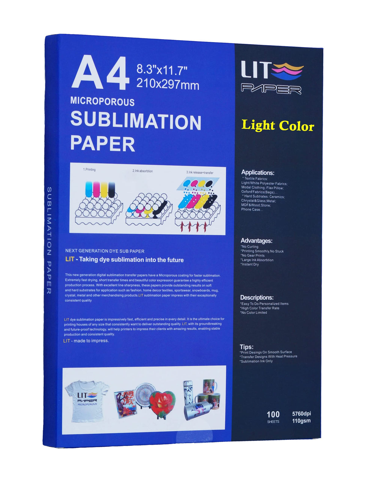 LIT Sublimation Paper A4 210x297mm, 100 Sheets 110gsm Heat Press Transfer Paper - For Any Epson Sawgrass Ricoh HP Inkjet Sublimation Printers With Sublimation Ink For Sub Blanks T shirts Mugs LIT PAPER