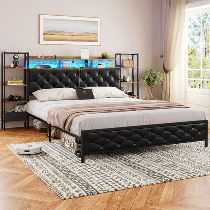 Modern DICTAC Queen Metal Platform Bed Frame with Storage Headboard, LED Lights & Charging Station in Black - WoodArtSupply