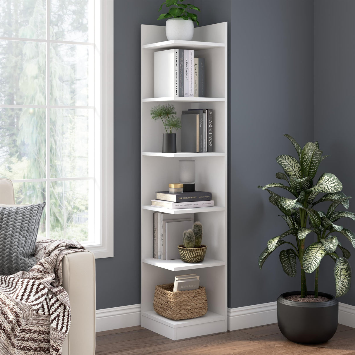 Bush Home Universal 15W Tall Corner Bookshelf in White, 6 Shelf Narrow Bookcase for Home Office Storage or Living Room Organization Bush Home