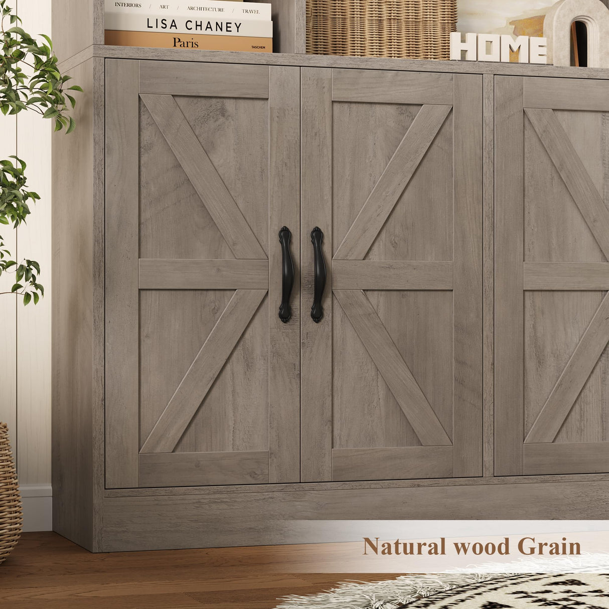 HOSTACK 75” Tall Book Shelf and Bookcase, Bookshelf with Storage Cabinet, 47” Wide Bookcase with 4 Doors, Standing Display Shelves, Modern Farmhouse Book Case for Living Room, Home Office, Ash Grey HOSTACK