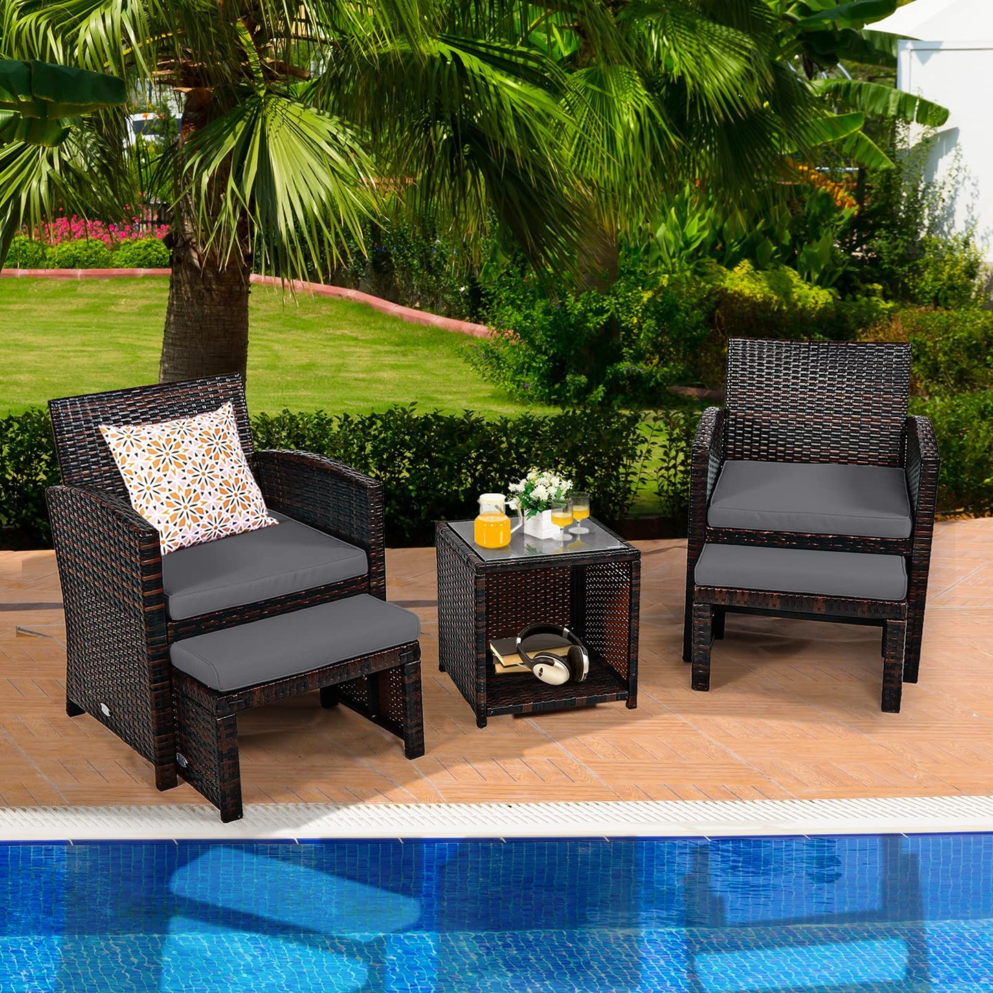 COSTWAY 5PCS Patio Rattan Wicker Furniture Set Sofa Ottoman Cushion Gray - WoodArtSupply