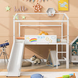 Harper & Bright Designs Twin Size House Loft Bed with Slide, Metal Loft Bed Frame Twin with Ladder, Kids Playhouse Loft Bed with Writing Board for Girls Boys, No Box Spring Needed, White Harper & Bright Designs