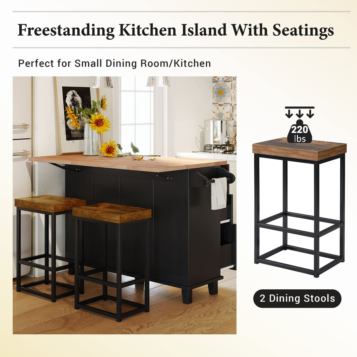 Bellemave 3 Piece Kitchen Bar Table Set Kitchen Island Set with 2 Stools and Drop Leaf, Island Table Set with Seating, Storage Cabinet, Drawers and Towel Rack (Black) Bellemave