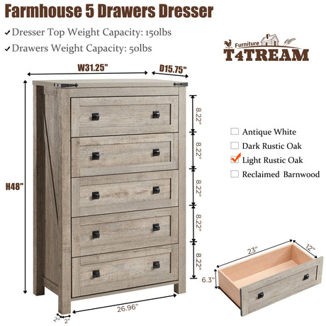 T4TREAM Farmhouse 5 Drawers Dresser Chests for Bedroom, Wood Rustic Tall Chset of Drawers,Dressers Organizer for Bedroom, Living Room,Hallway, Light Rustic Oak T4TREAM