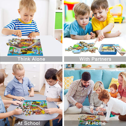 LELEMON Puzzles for Kids Ages 4-8,Construction Site 100 Piece Puzzles for Kids,Educational Kids Puzzles Jigsaw Puzzles in a Metal Box,Children 100 Piece Puzzle Games Puzzle Toys for Girls and Boys