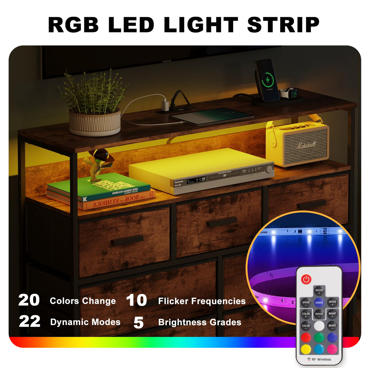 NASHZEN Dresser TV Stand with 7 Drawers, Dresser TV Stand with LED Lights & Power Outlets, Bedroom Dresser, Chest of Drawers up to 45'' Long TV, Wide Fabric Dresser with Open Shelf (Rustic Brown) NASHZEN