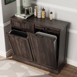 Double Tilt Out Trash Can Cabinet, Kitchen Island with Trash Can Storage, Trashcan Cabinet for Kitchens, Wood Cabinet with Trash Can Pull Out, Dog Proof Trash Can, Tilt Out Laundry Hamper, Brown LOUVIXA