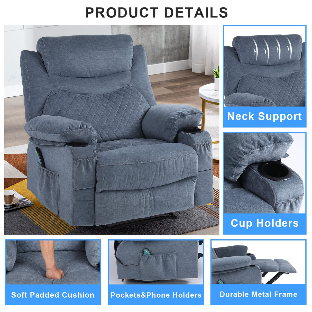 Comermax Fabric Massage Recliner Chairs with Heat Massaging Manual Reclining Chair Overstuffed Heated Recliners with Cup Holders for Adults Blue Comermax