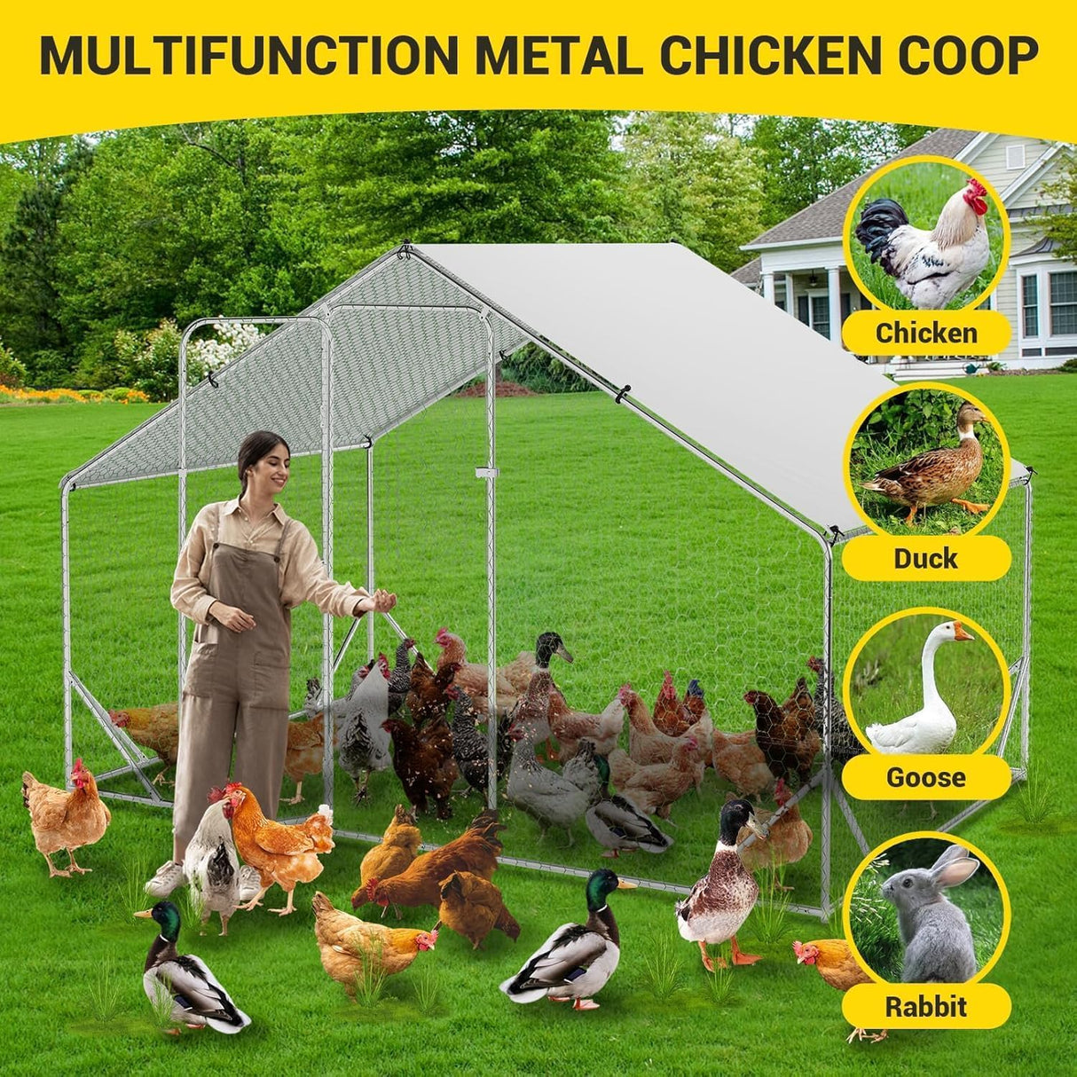 Outdoor Metal Chicken Coop & Run - 9.8x6.5FT Galvanized Steel Walk-in Poultry Cage with Waterproof Anti-UV Cover for Backyard, Garden, Farm (Chickens/Ducks/Rabbits) GAOMON