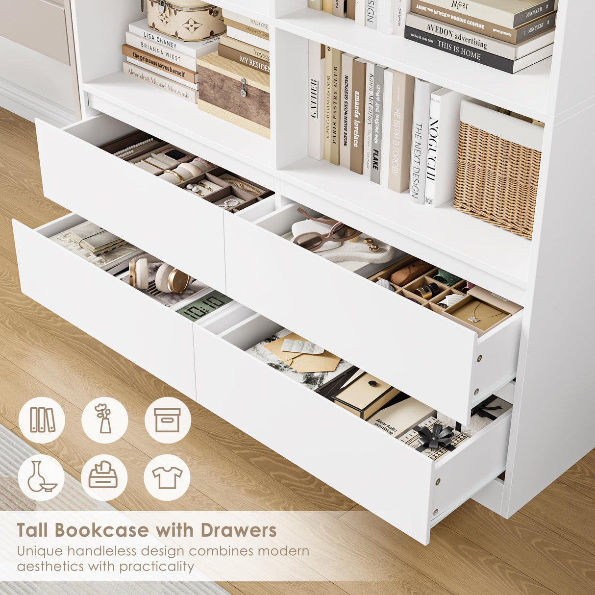 FINETONES 71" White Bookshelf with Drawers, 47.3" Double Wide Bookshelves and Bookcases with Storage, Tall Bookshelf Large Open Book Shelf Standing Book Case for Home Office, White FINETONES
