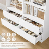 FINETONES 71" White Bookshelf with Drawers, 47.3" Double Wide Bookshelves and Bookcases with Storage, Tall Bookshelf Large Open Book Shelf Standing Book Case for Home Office, White FINETONES