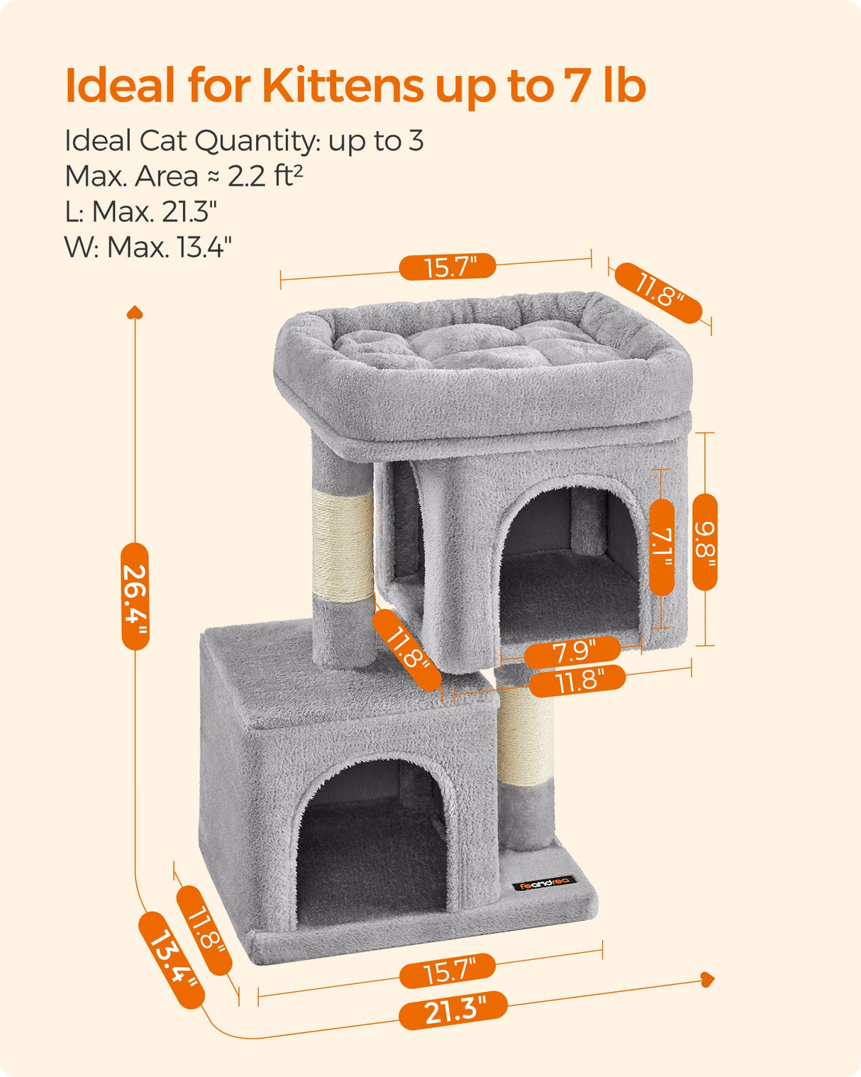 Feandrea Cat Tree, 26.4-Inch Cat Tower, S, Cat Condo for Kittens up to 7 lb, Large Cat Perch, 2 Cat Caves, Scratching Post, Light Gray UPCT611W01 Feandrea