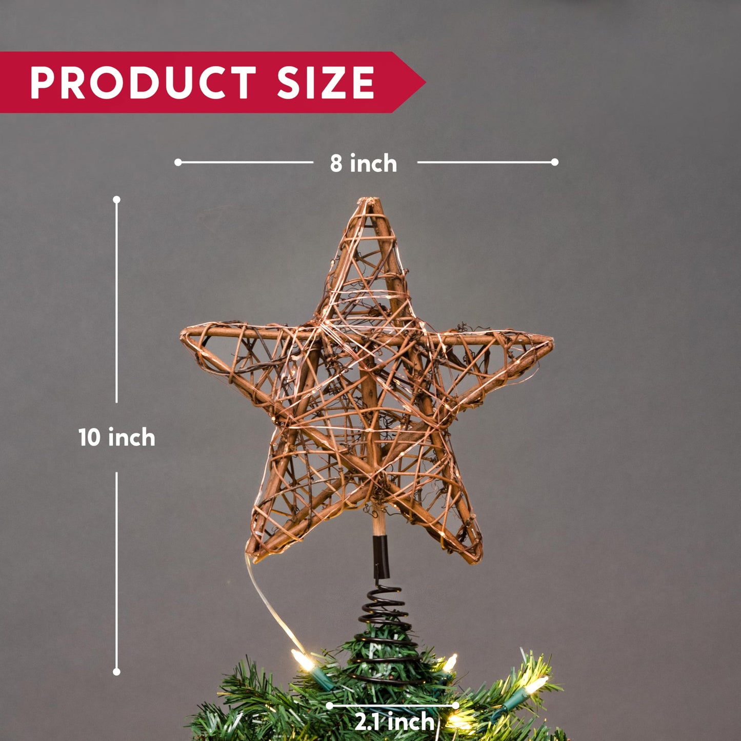 Joiedomi 10 Inch Christmas Tree Toppers, 50 LED Rustic Rattan Star Tree Topper Lighted with Lights for Xmas Tree Decorations, Holiday Party Indoor Decor