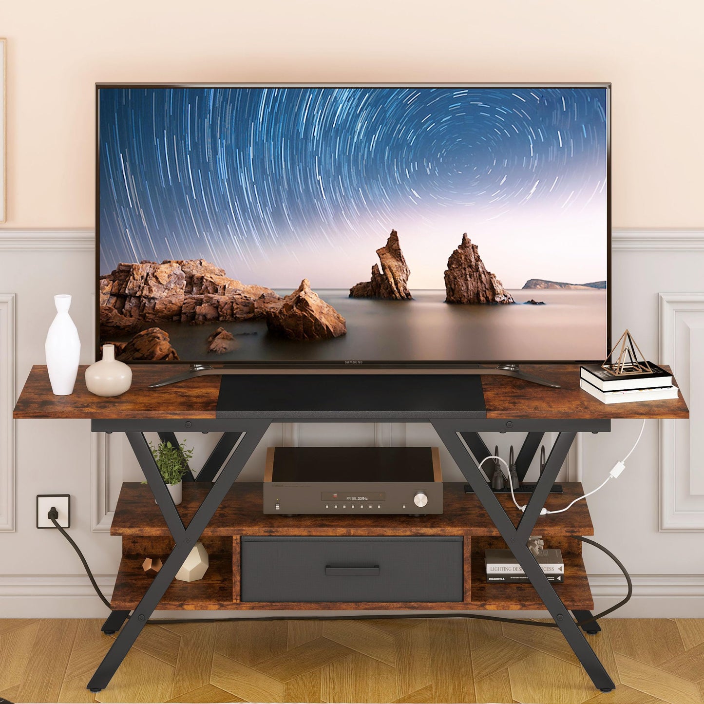 Yusong 65 inch LED TV Stand, Entertainment Center Gaming TV Table with Outlets, Up to 65" Media Console for Living Room, 29+DIY Dynamic RGB Modes, Rustic Brown and Black - WoodArtSupply