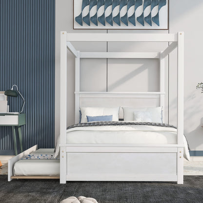 Bellemave Full Canopy Bed with Twin Size Trundle, Wood Full Platform Bed with Headboard and Slat Support, Modern 4 Poster Panel Bed for Kids, Teens, Adults. No Box Spring Needed (Full, White)