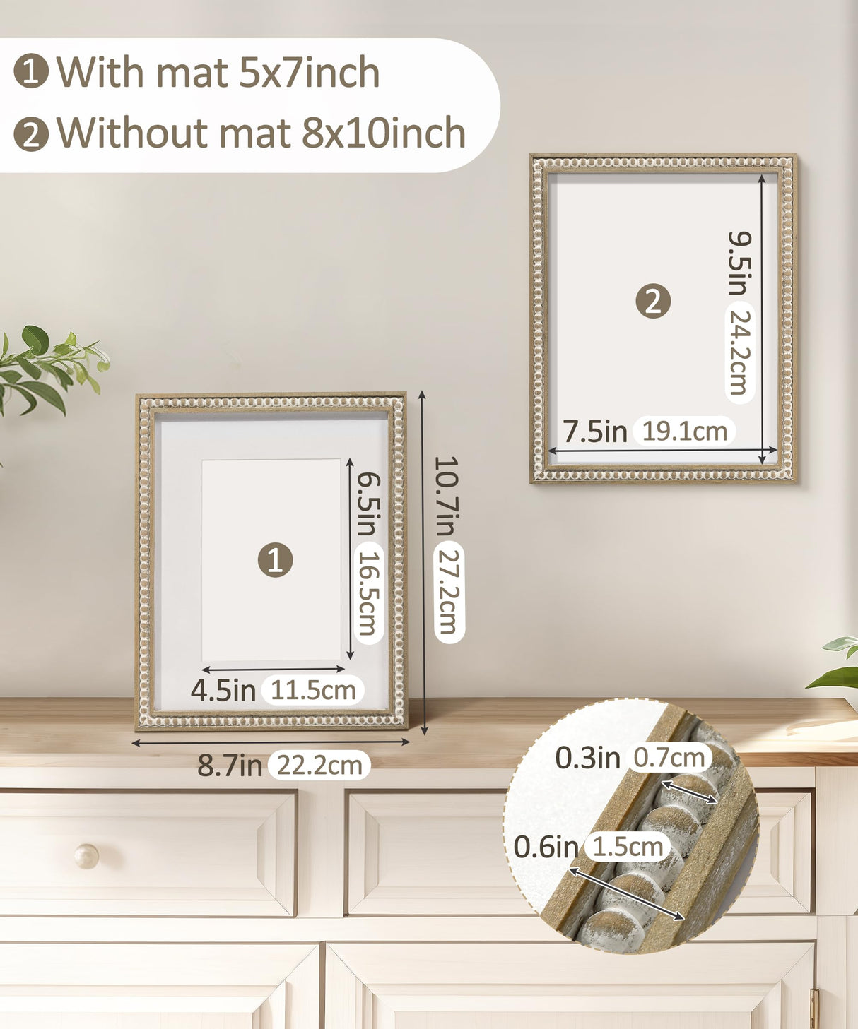 SUMGAR 8x10 Picture Frame Boho 5x7 Photo Frame with Mat Farmhouse White Wood Shabby Chic Wall Mounted Display for Birthday Wedding Friend Gifts with Distressed Decorative Pine Beads SUMGAR
