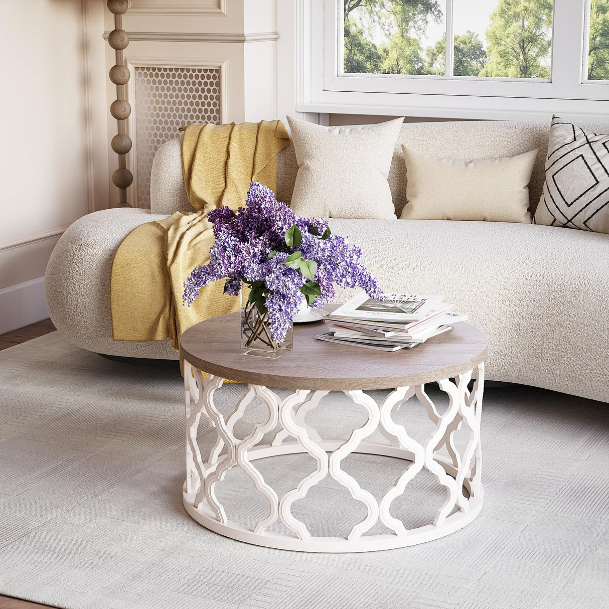 karlott Farmhouse Coffee Table, French Country Round Coffee Table, Coastal Coffee Table with Distressed Top, Boho Coffee Table with Curved Motif Frame Base for Living Room, Dining Room, Bedroom karlott