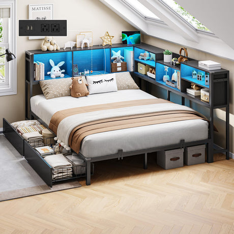 DICTAC Full Corner Bed Frame with Bookcase Storage and Led Lights Metal Platform Bed Frame with 2 Drawers and Charging Station Full Size Daybed with Storage for Living Room,Bedroom,Guest Room,Black DICTAC