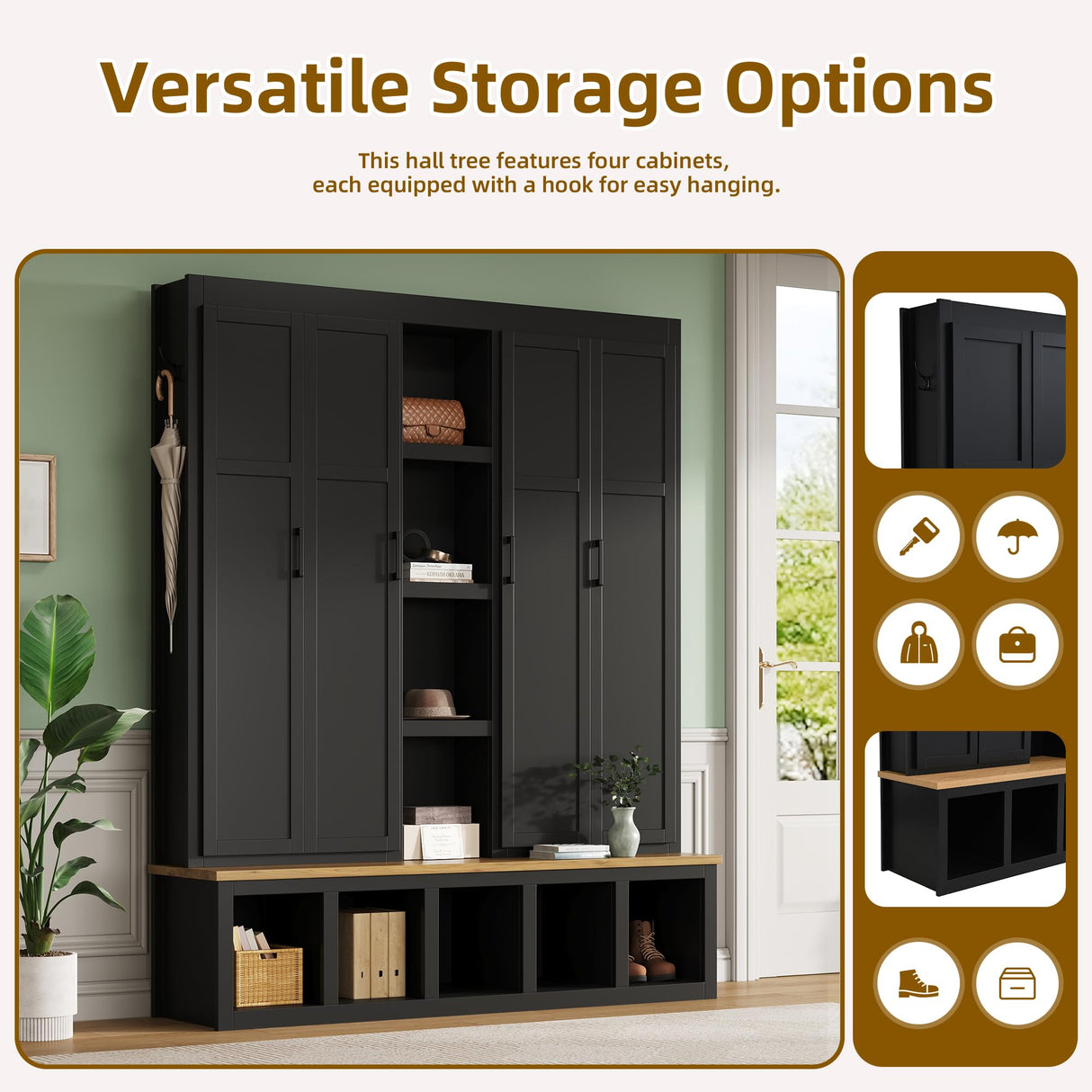 Merax Modern Farmhouse Hall Tree with Bench, 4-in-1 Entryway Storage Cabinet & Shoe Organizer with Hooks, Black Merax