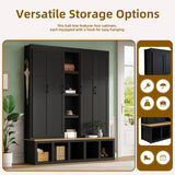 Merax Modern Farmhouse Hall Tree with Bench, 4-in-1 Entryway Storage Cabinet & Shoe Organizer with Hooks, Black Merax