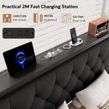 iPormis King Bed Frame with 2 Storage Drawers, Linen Upholstered Headboard Platform Bed with Charging Station, No Box Spring Needed, Metal Slats Support, Noise-Free, Easy Assembly, Black iPormis