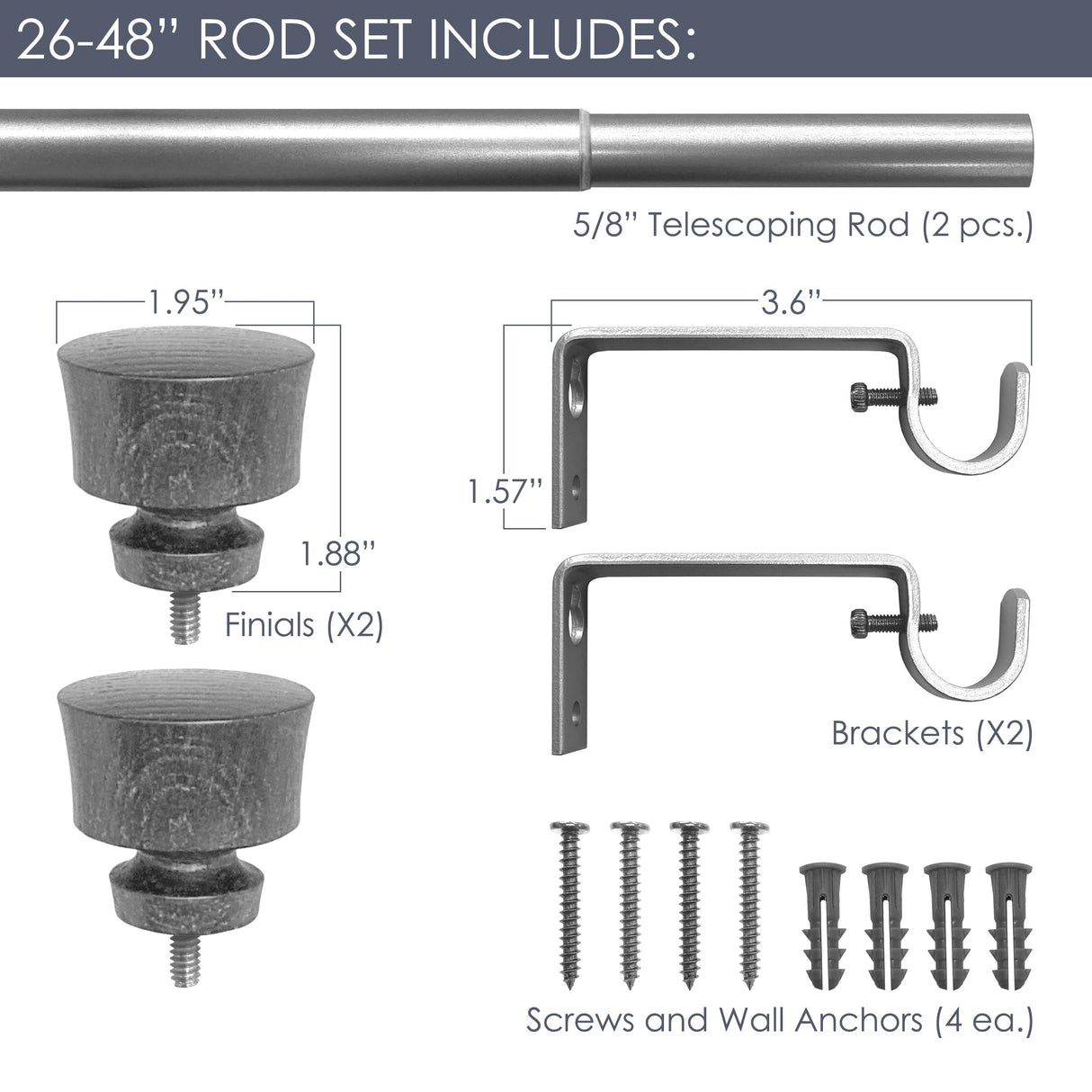 Stockton 26-48 Inch Adjustable Curtain Rod Set, 5/8 Inch Diameter in Walnut Decopolitan