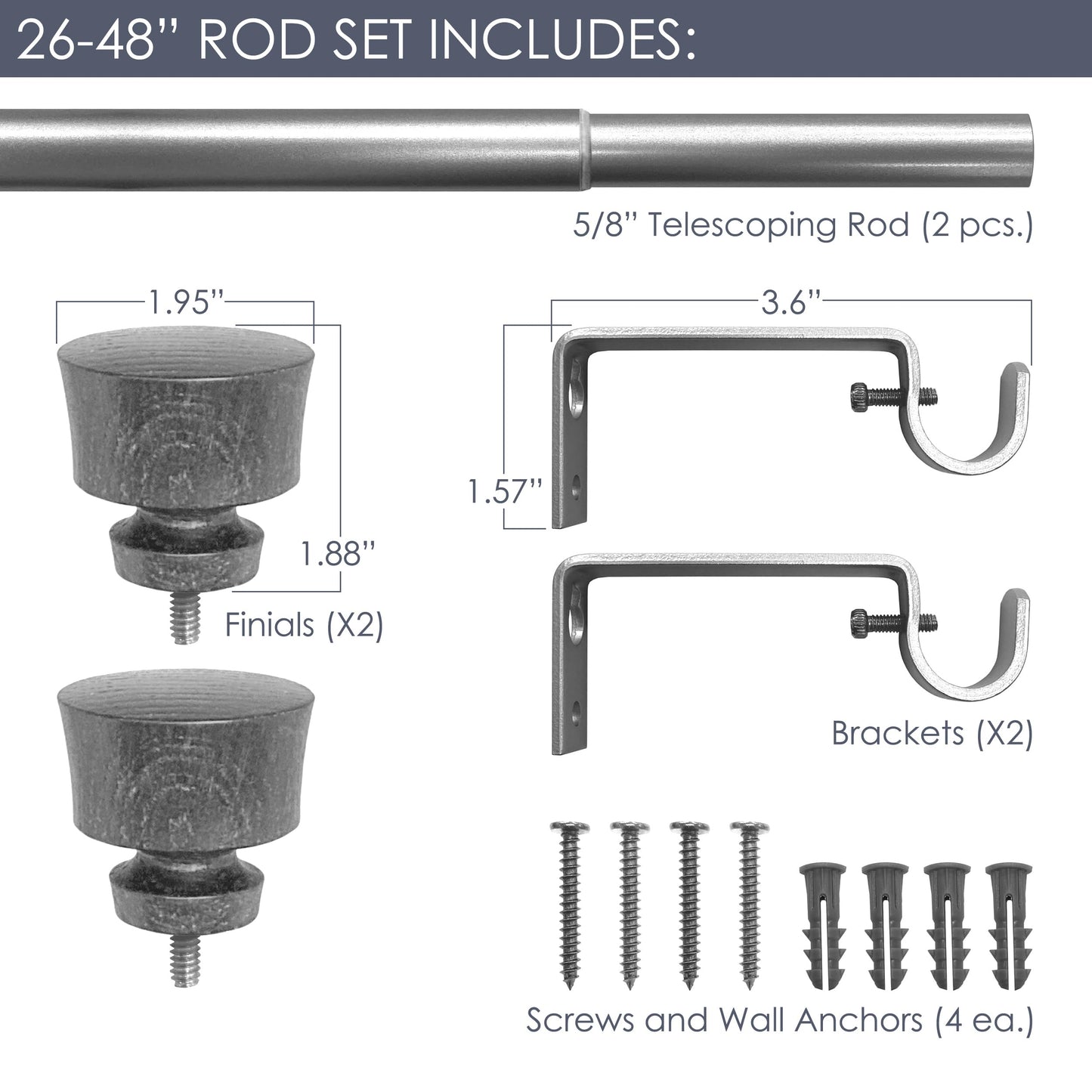 Stockton 26-48 Inch Adjustable Curtain Rod Set, 5/8 Inch Diameter in Walnut