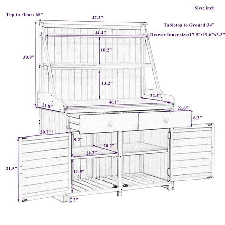 RUNNA 65inch Garden Potting Bench Table, Fir Wood Workstation with Storage Shelf, Drawer and Cabinet (Gray@017, 65inch) RUNNA