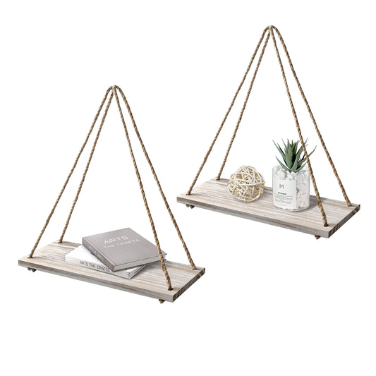 EMAISON Hanging Distressed Wood Floating Shelves with Swing Rope, Farmhouse Organizer Rustic Home Décor, Set of 2 (Set of 2, White Wash)