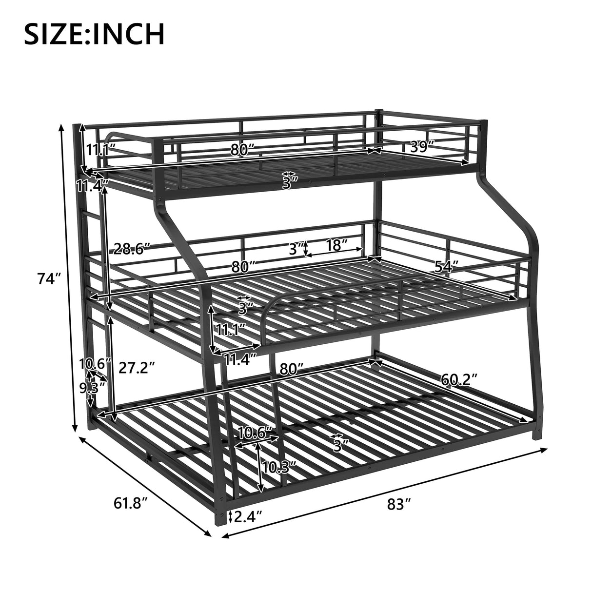 Heavy Duty Triple Bunk Bed for Multiple Kids,Twin XL Over Full XL Over Queen Size Triple Bunk Bed with Long and Short Ladder for 3 Kids,Metal Triple Bed for Boys Girls,Unique Curved Metal Frame,Black Bellemave