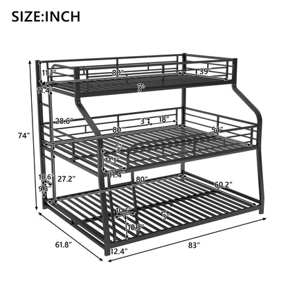 YOPTO Twin XL/Full XL/Queen Triple Bunk Bed with Long and Short Ladder and Full-Length Guardrails,Metal Bed-Frame for Bedroom/Living Room/Apartment,Guest-Room,Black