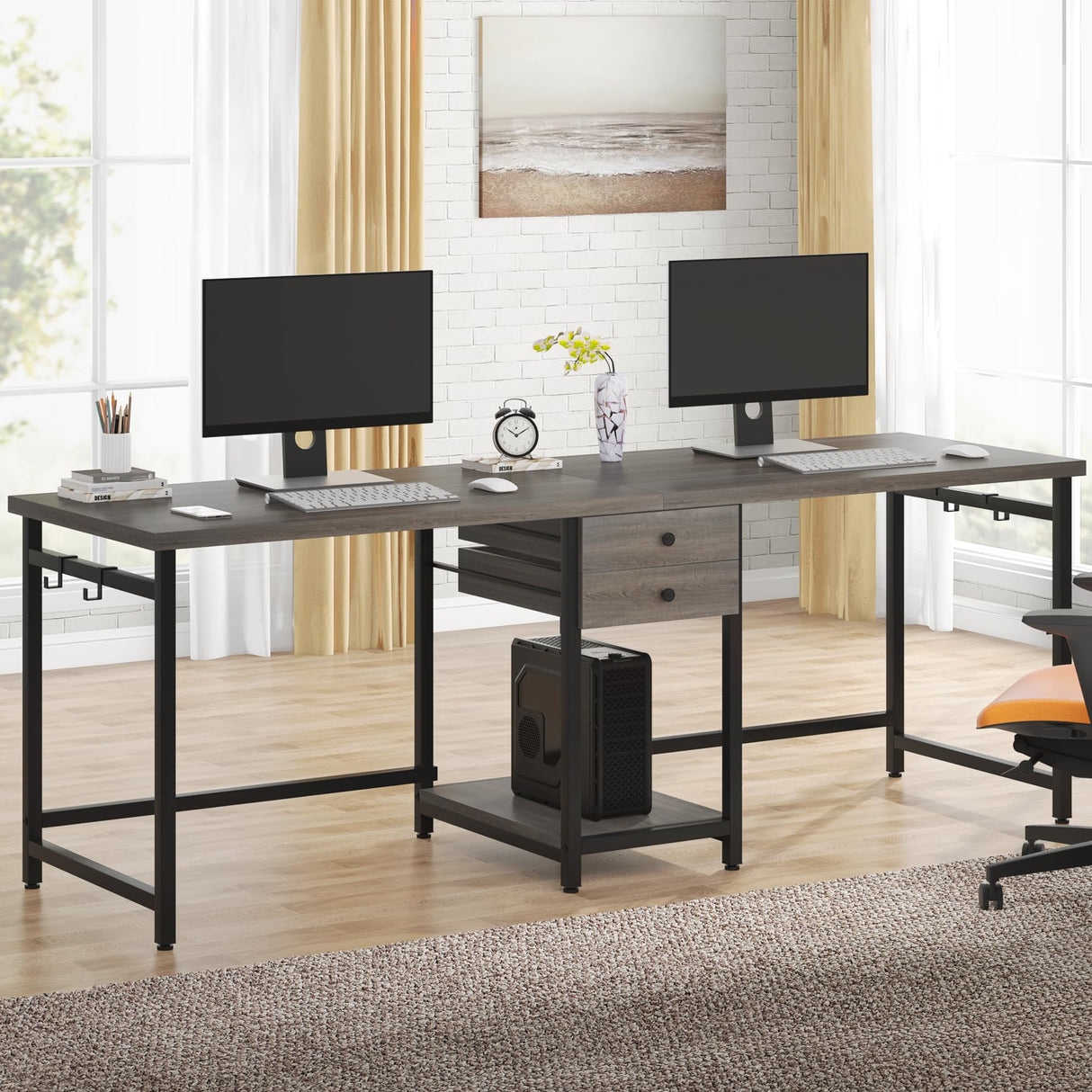 Tribesigns 79 Inch Extra Long Desk, Double Desk with 2 Drawers, Two Person Desk Long Computer Desk with Storage Shelves, Writing Table Study Desk for Home Office, Grey Tribesigns