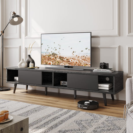 Bestier 70 inch Mid Century Modern Entertainment Center for 75 inch Display, Low Profile with Storage, for Living Room, Cord Management, Black Ash Bestier