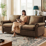 ONBRILL 84" Faux Leather Couch, Mid-Century Modern Couch w/Brass Nailhead Trim, 3 Seater Sofa Couch w/Rolled Arm, Pocket Spring Cushions, Gourd Feet, Dark Brown Couch Leather Sofas for Living Room ONBRILL