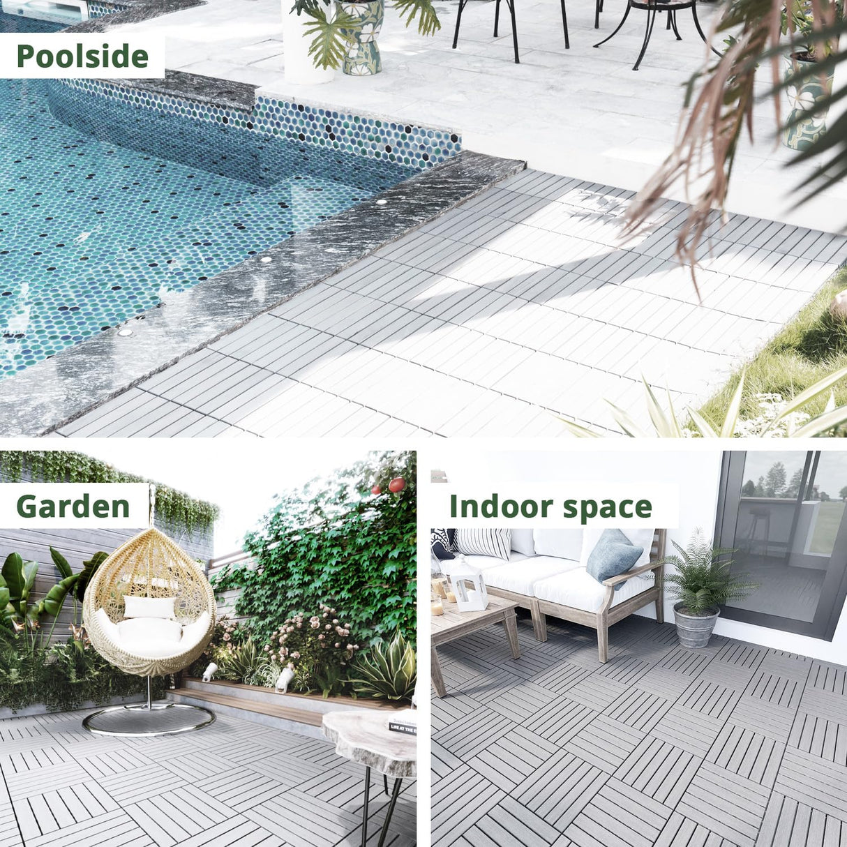 BEEFURNI Acacia Interlocking Deck Tiles (12"x 12" 20 PCS), Wood Deck Tiles Interlocking Outdoor All Weather, Patio Flooring for Indoor Outdoor use, 1 Year Warranty (Light Gray) BEEFURNI