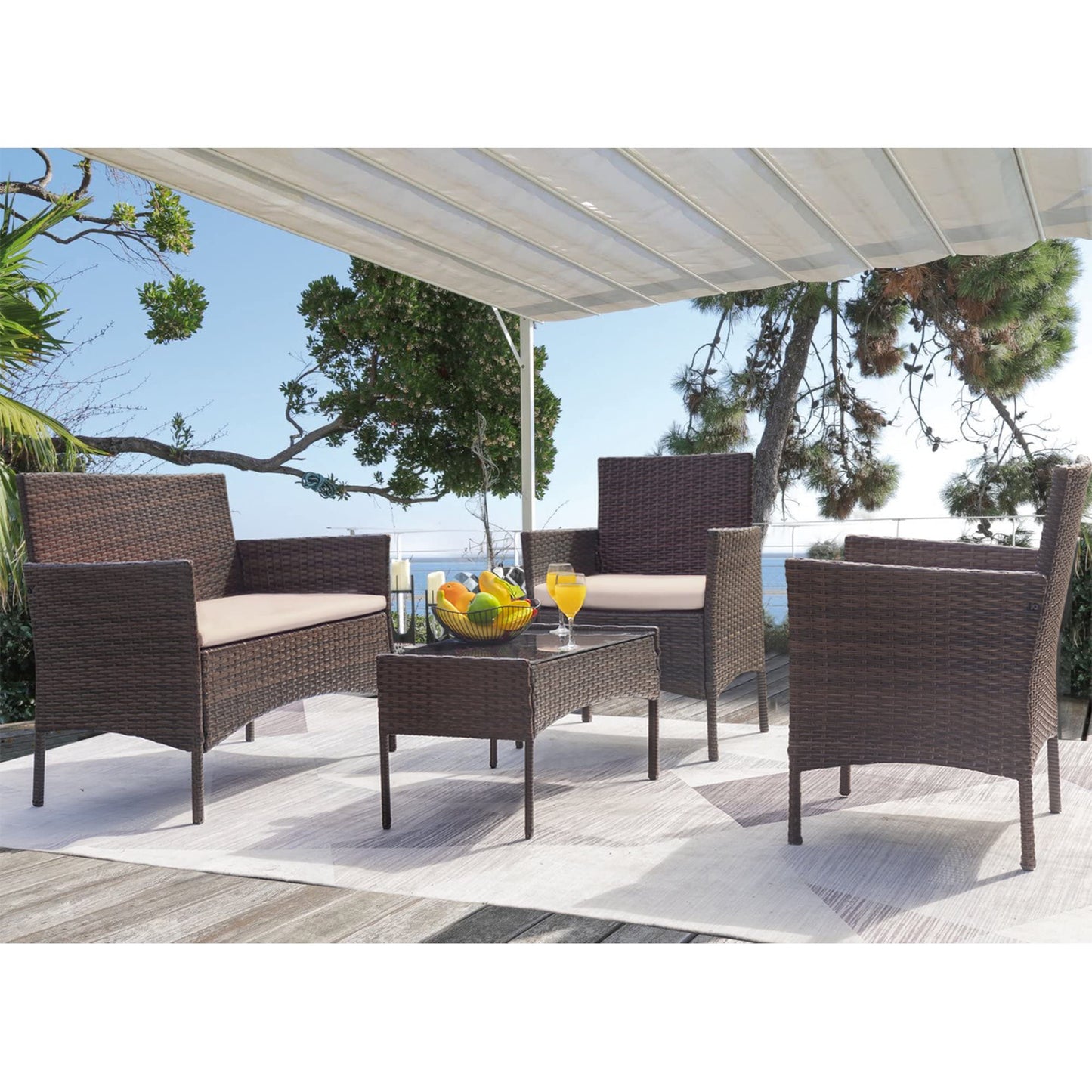 Flamaker Outdoor Furniture Patio Set Cushioned PE Wicker Rattan Chairs with Coffee Table 4 PCS for Garden Poolside Porch Backyard Lawn Balcony Use (Brown&Beige) - WoodArtSupply