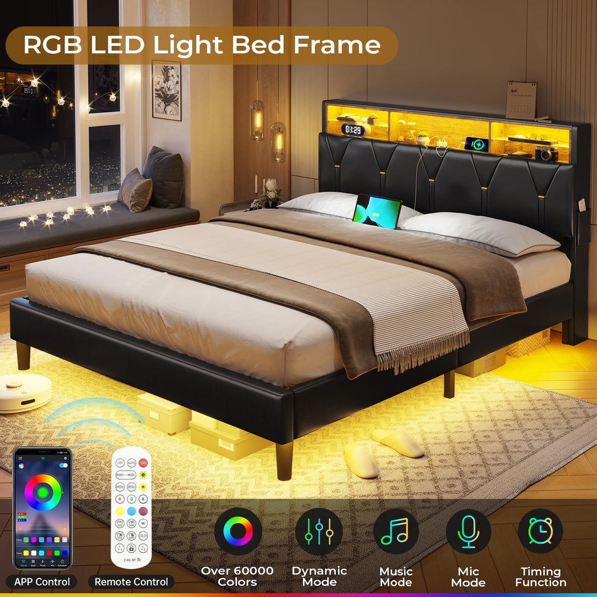 BTHFST Full Size LED Bed Frame with Charging Station & Stylish Storage Headboard in Black PU BTHFST