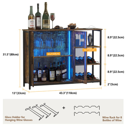 LVSOMT LED Farmhouse Coffee Bar Cabinet, Wine Cabinets with Removable Wine Rack, Buffet Cabinet with Motion Sensor for Kitchen, Dining Room (Brown-43.3''L) - WoodArtSupply