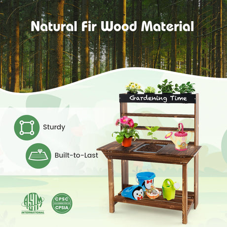 HONEY JOY Kids Potting Bench Table, Fir Wood Garden Potting Benches for Outside, Removable Sink, 4 Flower Pots, Chalkboard, Children Planting Table Work Bench, Mud Kitchen for Kids Outdoor Backyard HONEY JOY