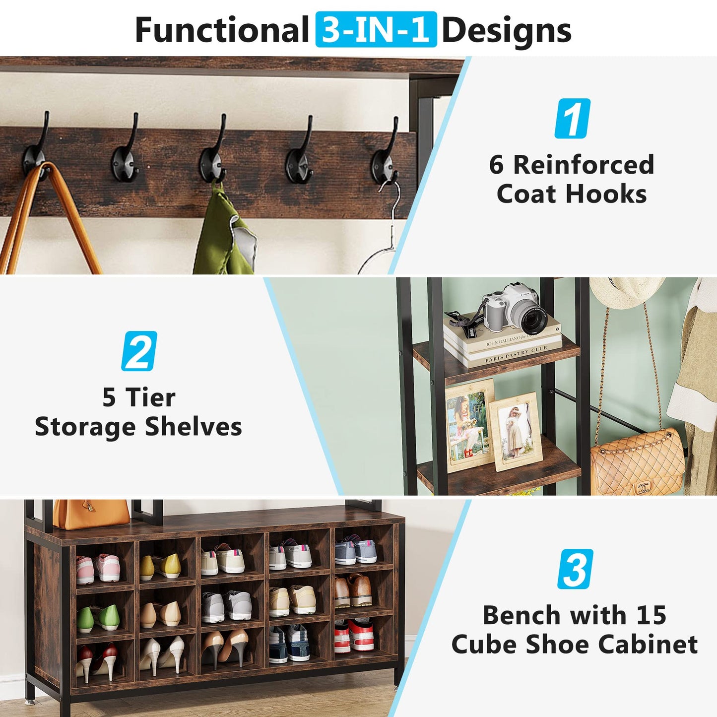 Tribesigns Entryway Bench with Coat Rack Hall Tree with Bench and Shoe Storage Shelves, Industrial Mudroom Bench with Shoe Storage and Coat Rack Hooks, Furniture for Hallway, Bedroom - WoodArtSupply