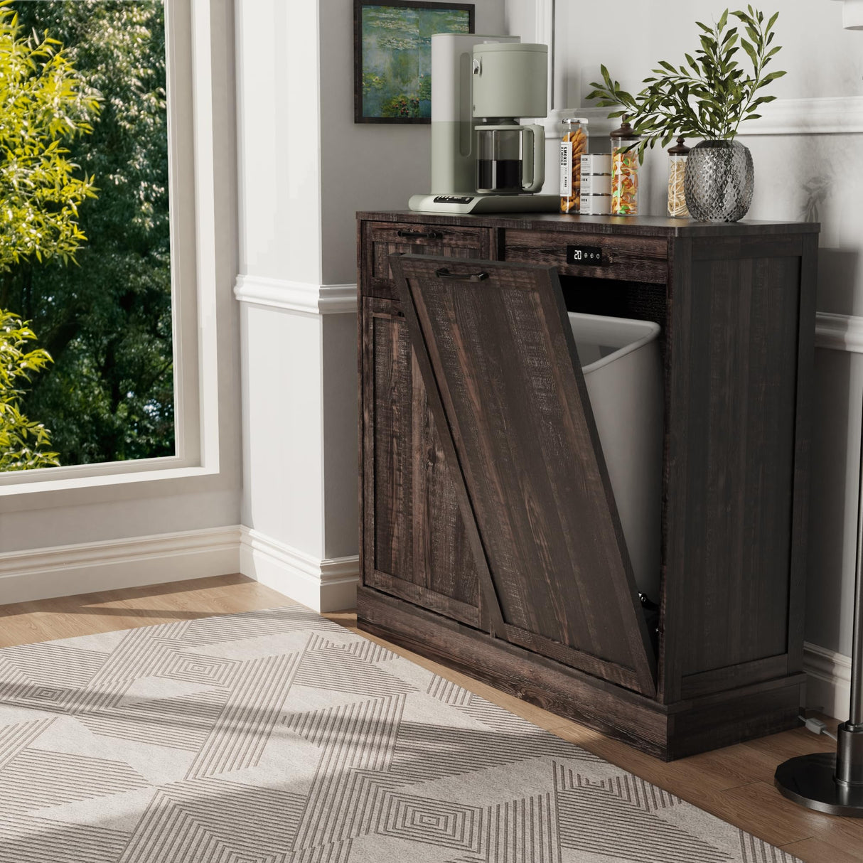 Double Tilt Out Trash Can Cabinet, Kitchen Island with Trash Can Storage, Trashcan Cabinet for Kitchens, Wood Cabinet with Trash Can Pull Out, Dog Proof Trash Can, Tilt Out Laundry Hamper, Brown LOUVIXA