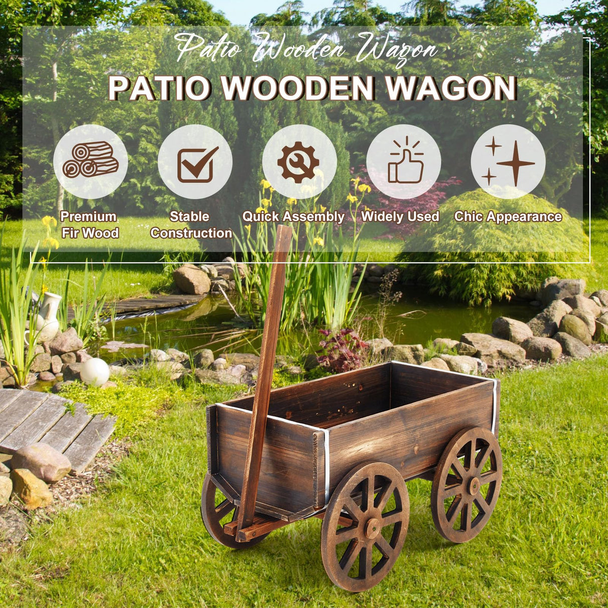 Beeveer Wooden Wagon Planter Box, Garden Planter with Wagon Wheels, Flower Cart for Patio Garden Balcony, Decorative Patio Planter Flowers Herbs Vegetables for Indoor Outdoor Decor, Brown (Classic) Beeveer