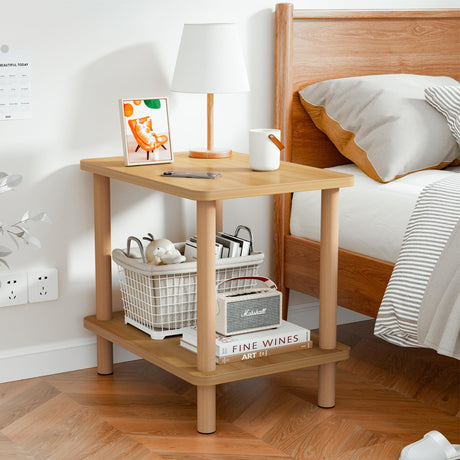 2 Tier End Table Low Table with Solid Wood Legs, Small Coffee Table Side Table, Boho Bedside Table with Storage Shelf, Nightstand for Small Spaces, Bedroom, Living Room, Entryway, Farmhouse, Natural FURMORENE