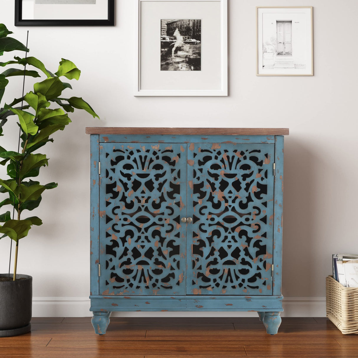 Sophia & William Accent Cabinet with 2 Doors, Distressed Storage Cabinet with Wood Frame and Hollow-Carved Door for Entryway Living Room, Blue Sophia & William