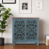 Sophia & William Accent Cabinet with 2 Doors, Distressed Storage Cabinet with Wood Frame and Hollow-Carved Door for Entryway Living Room, Blue Sophia & William