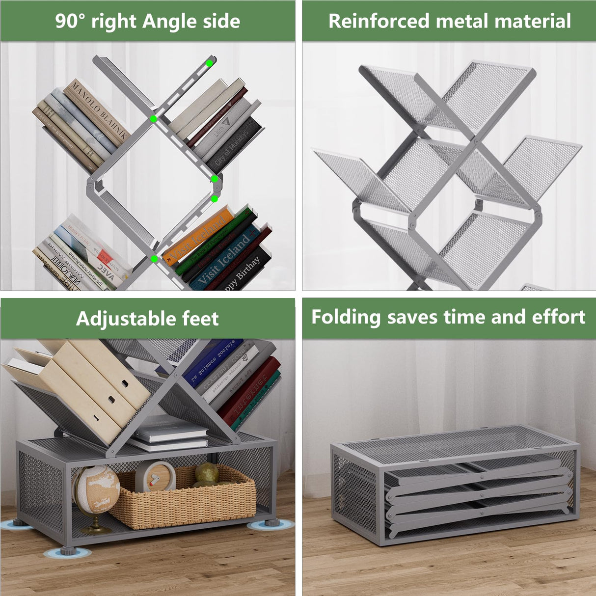 Gintan 9-Tier Modern Book Shelves with Storage, Bedroom Shelves Folding Bookshelves, No Installation Required Shelf Tree Bookcase for Living Room, Study, Home Office, Bed Room (Grey) Gintan