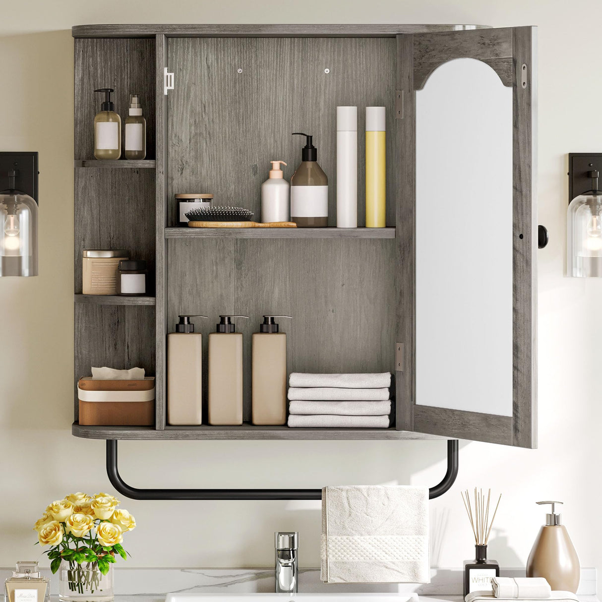 YITAHOME Bathroom Cabinet, Medicine Cabinet Organizer, Wall-Mounted Storage Cabinet with Large Mirror, Wall Cabinet with Adjustable Shelf, Medicine Cabinet for Bathroom and Laundry Room, Grey YITAHOME