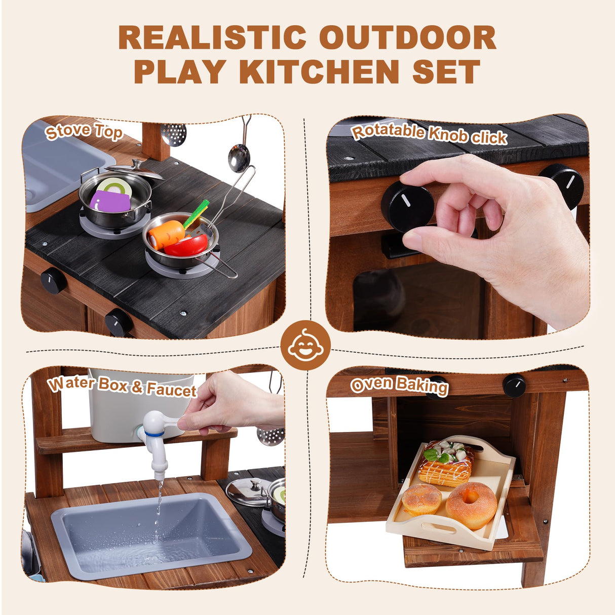 ROBUD Mud Kitchen for Kids Outdoor with Wheels, Wooden Outdoor Play Kitchen, Kids Mud Kitchen with Removable Sink & Faucet, Monteeori Toys for Children Ages 3+ Years, WG403 ROBUD