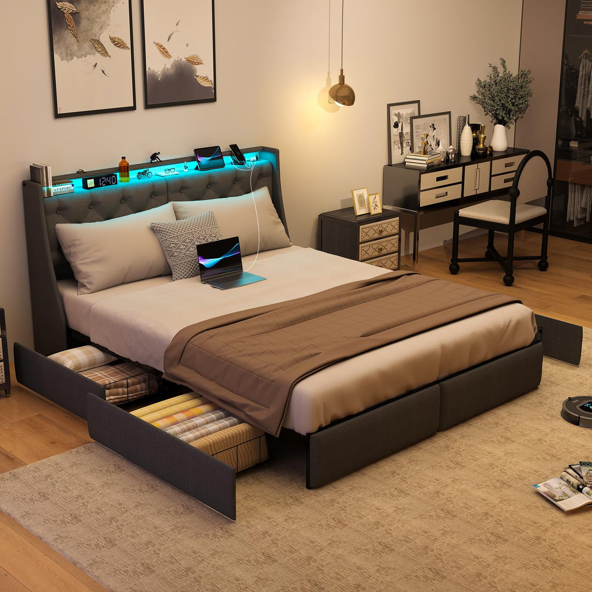 SADENICEL King Size Bed Frame with Storage Headboard, Metal Platform Bed Frame King with 4 Drawer, LED Light, Charging Station, No Box Spring Needed, Noise Free, Easy Assembly, Grey SADENICEL